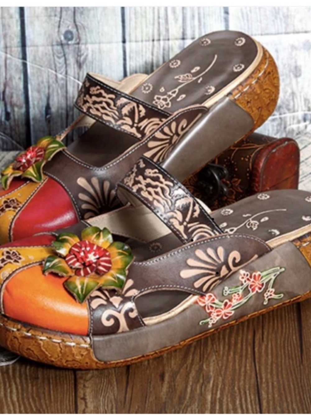Handcrafted Floral Cork Wedge Sandals - Brown with Orange and Red Accents